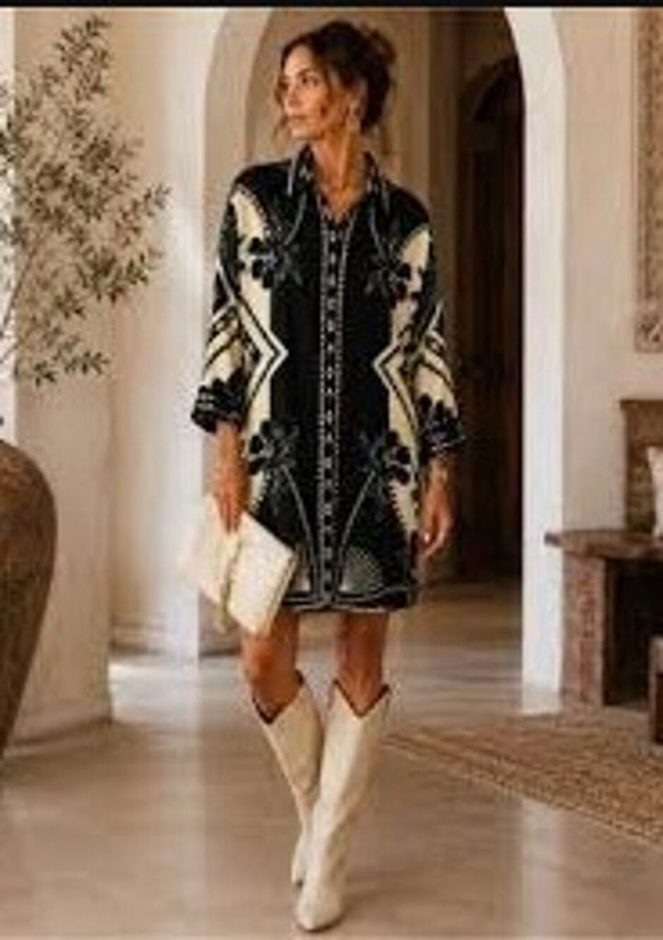 House of Harlow 1960 Geometric Scarf Print Shirt Dress Black Cream Green XS